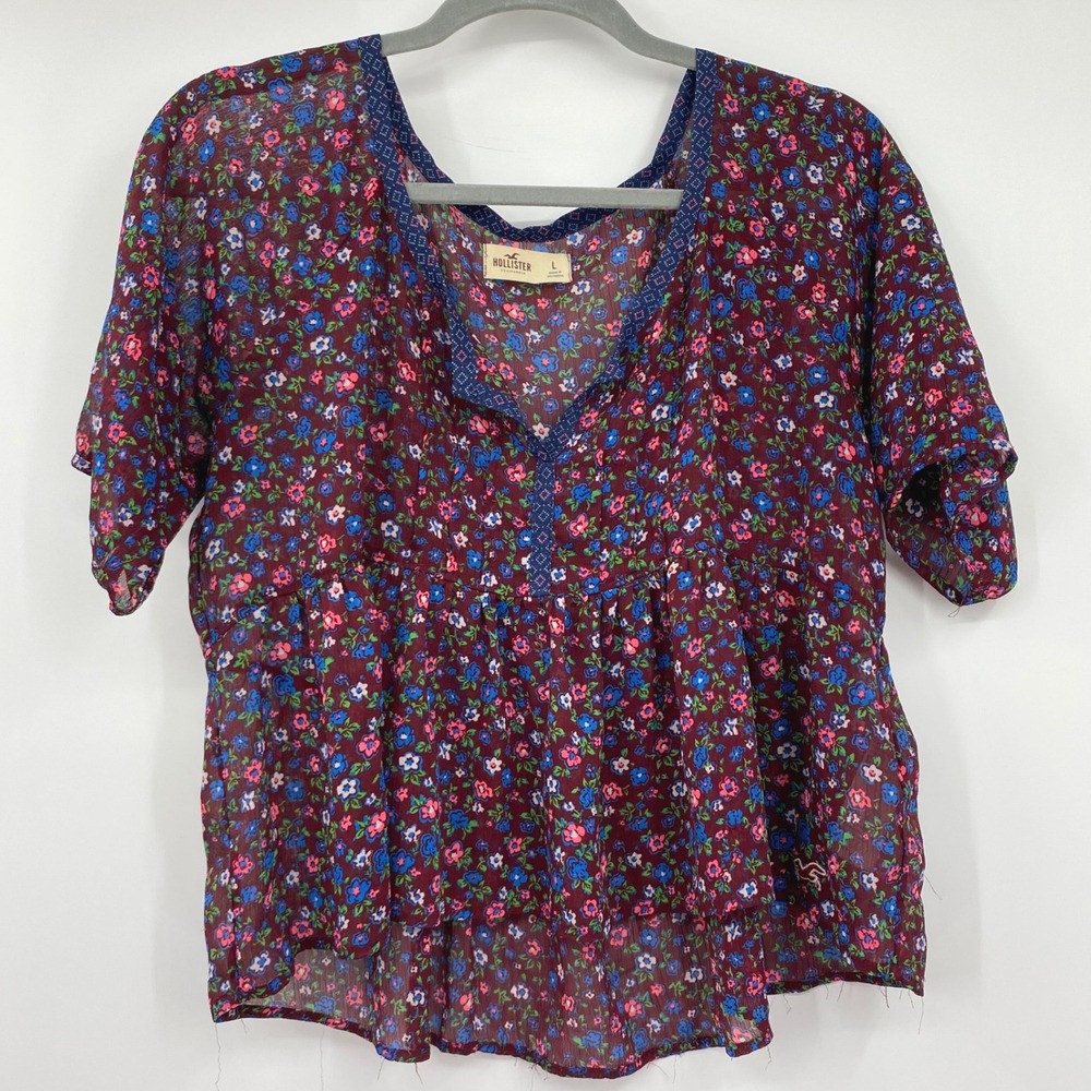 Hollister Womens Burgundy Ditsy Floral Babydoll Peplum Blouse Top Large Boho